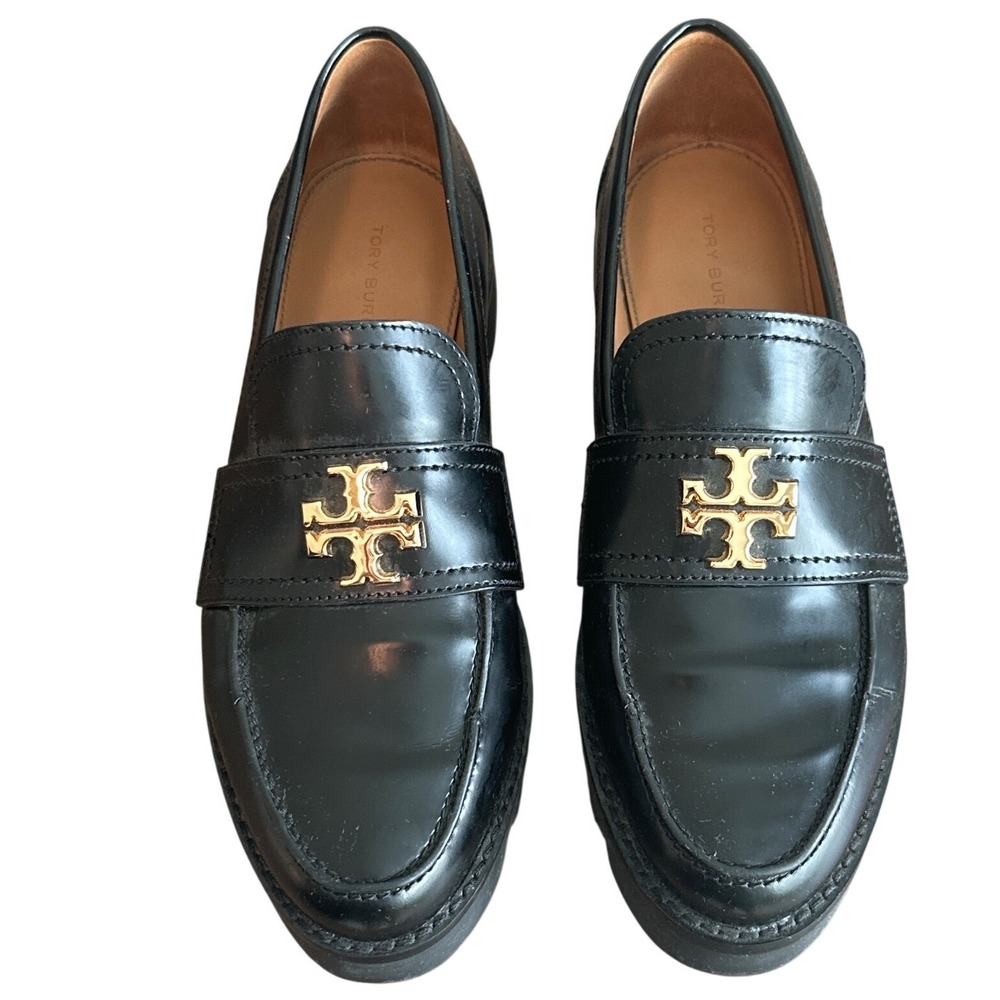 Tory Burch Mini Everly Chunky Lug Sole Leather Loafers Black 6.5 Gold Logo